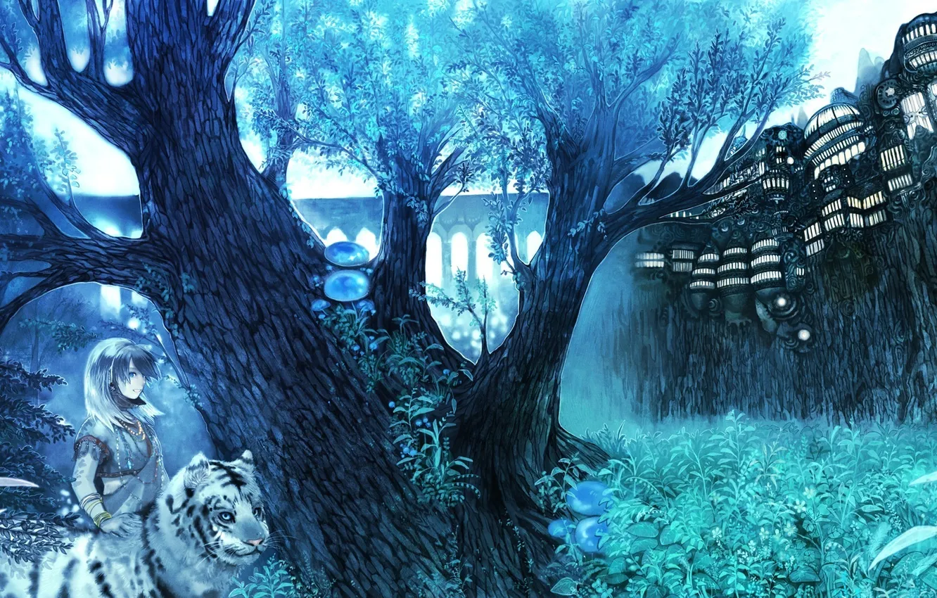 Photo wallpaper girl, trees, night, bridge, tiger, mushrooms, home, anime