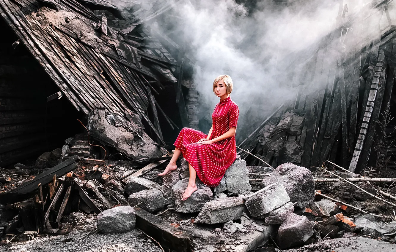 Photo wallpaper girl, red, stones, dress, devastation, legs