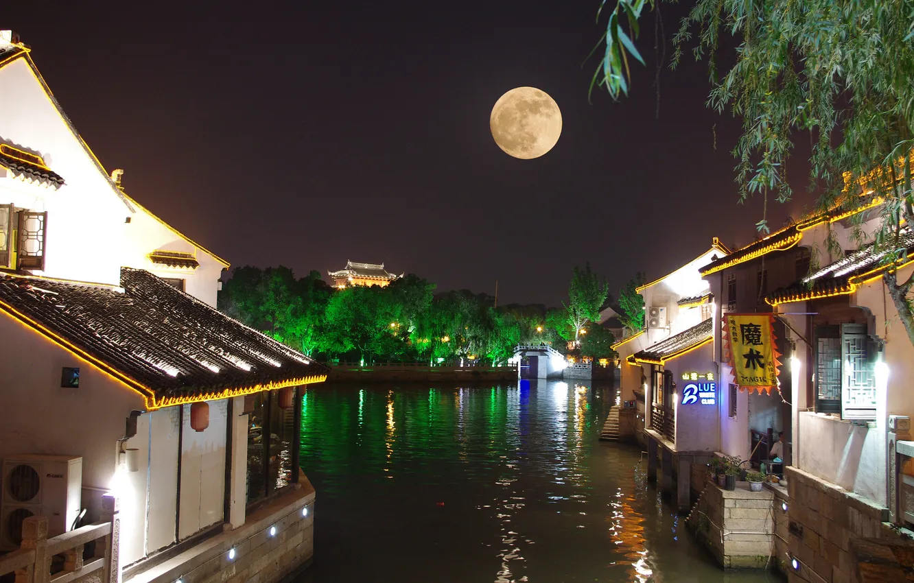 Photo wallpaper night, the city, lights, the moon