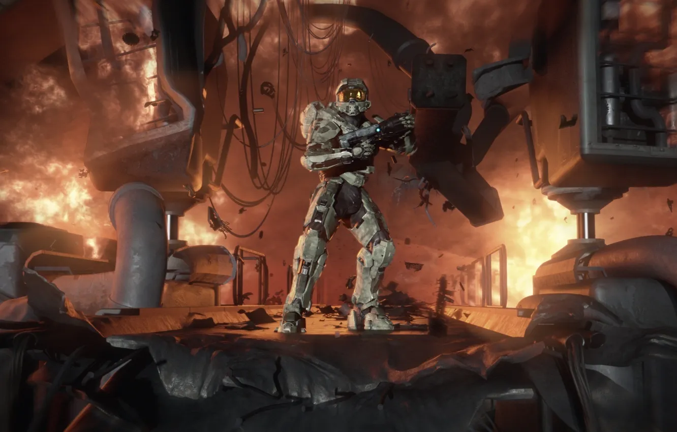 Photo wallpaper the explosion, lights, soldiers, Spartan, The Master Chief, Halo 4, Master Chief, HELO