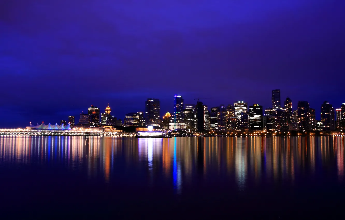 Photo wallpaper night, lights, lights, reflection, river, skyscrapers, backlight, Canada