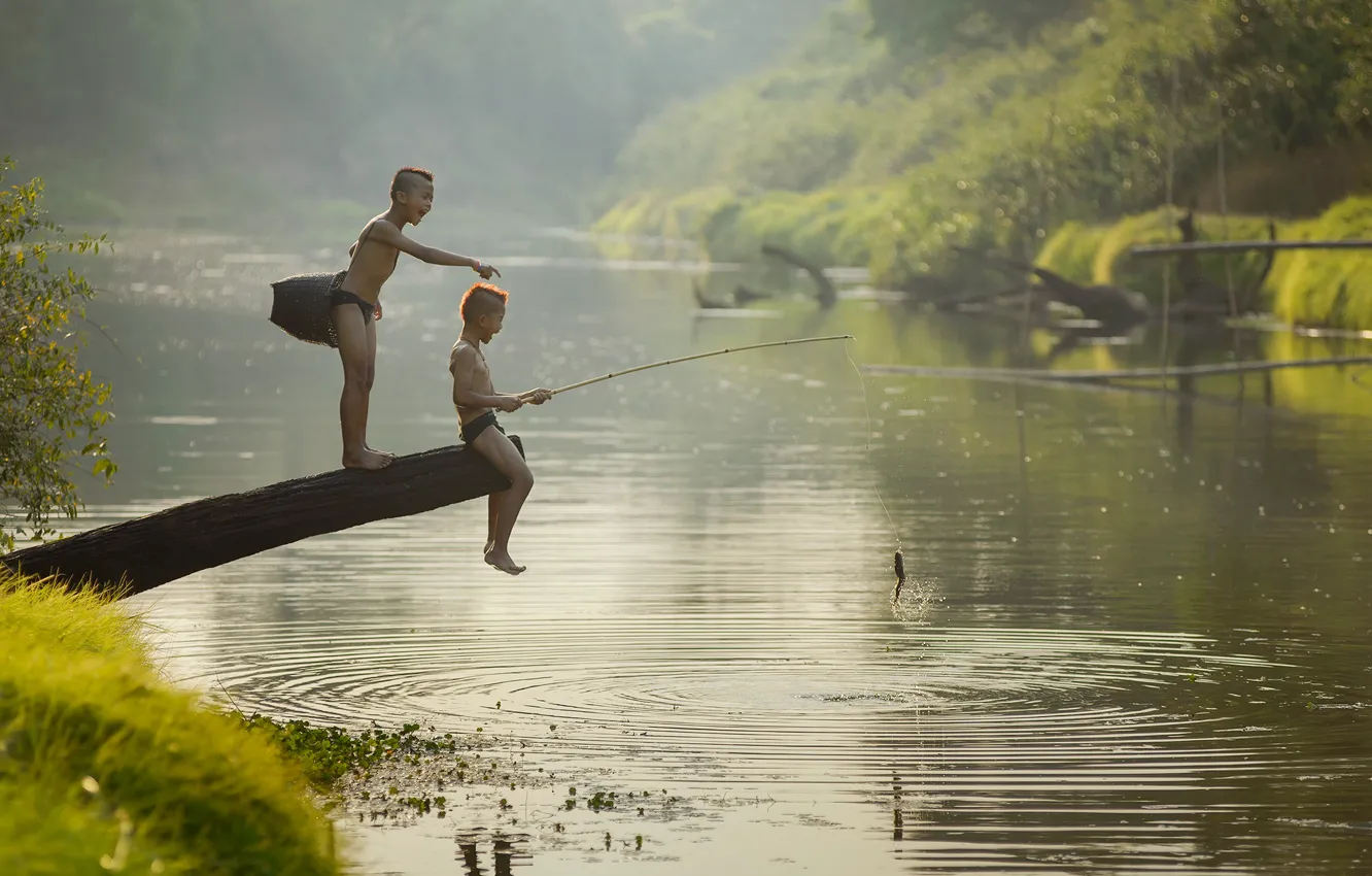 Photo wallpaper river, fun, children, fishing