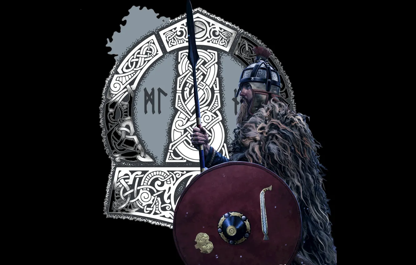 Photo wallpaper Warrior, Warrior, Shield, Shield, Spear, Spear, Thor's Hammer, Ornament