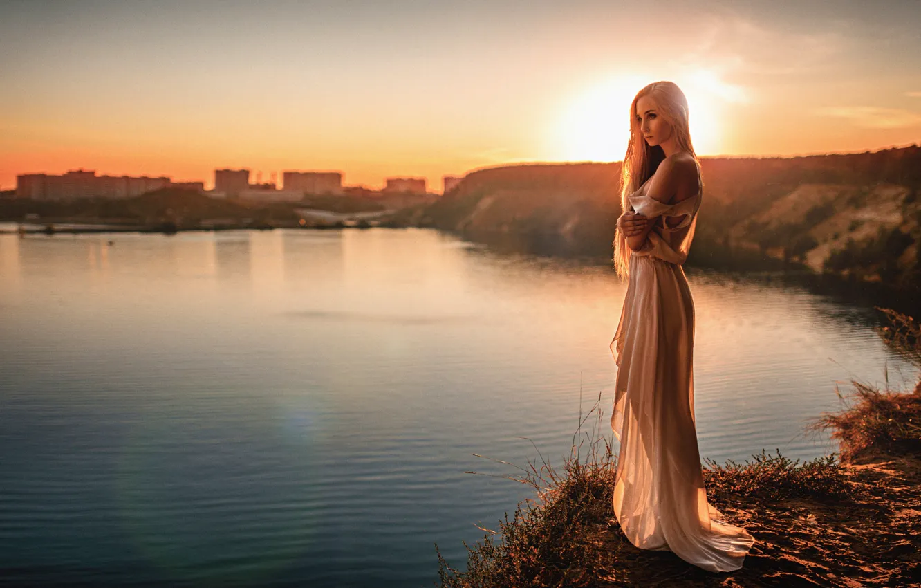 Photo wallpaper Sunset, The sun, Girl, Lake, Dress, Glare, Beautiful, Elena Davydova