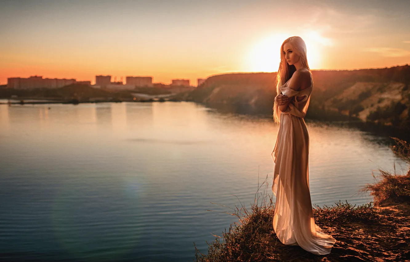 Photo wallpaper girl, the sun, sunset, lake, glare, dress, beautiful, Elena Davydova