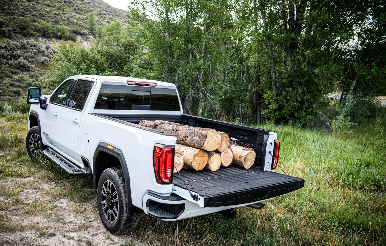 Photo wallpaper wood, body, pickup, logs, GMC, Sierra, AT4, 2020