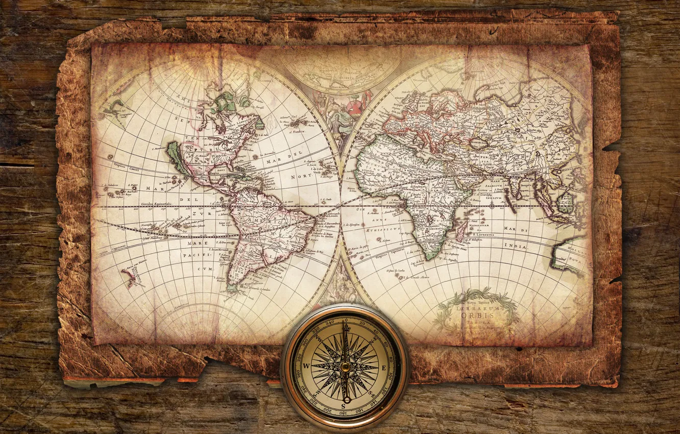 Photo wallpaper Desk, map, compass, wallpapers