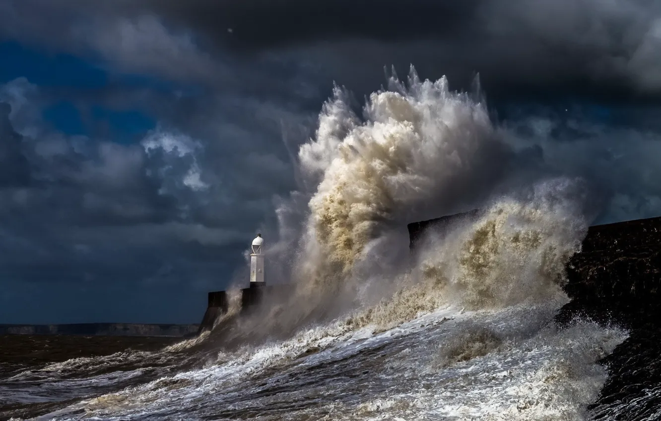 Photo wallpaper sea, squirt, storm, nature, wave, Lighthouse, beautiful, the breakwater