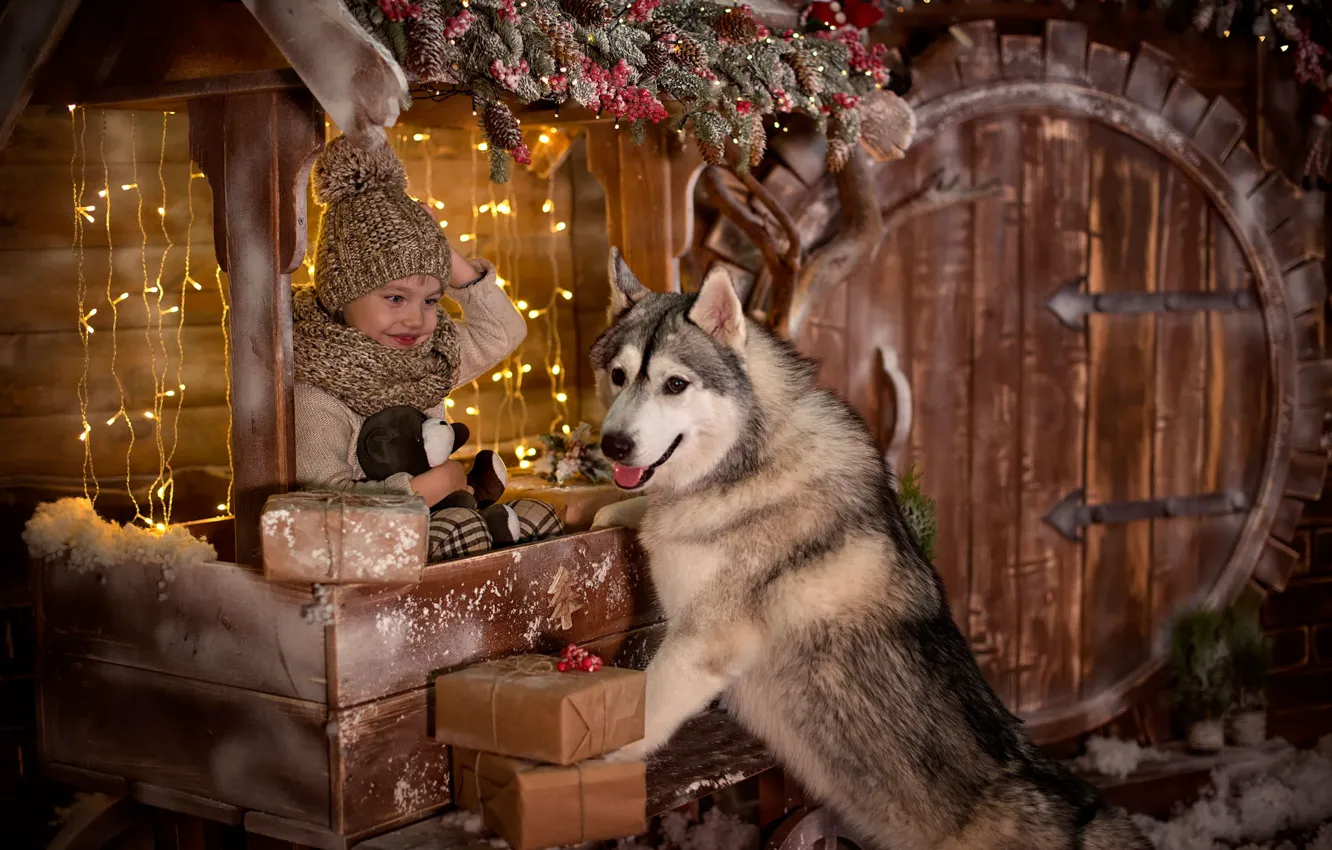 Photo wallpaper joy, holiday, new year, dog, boy