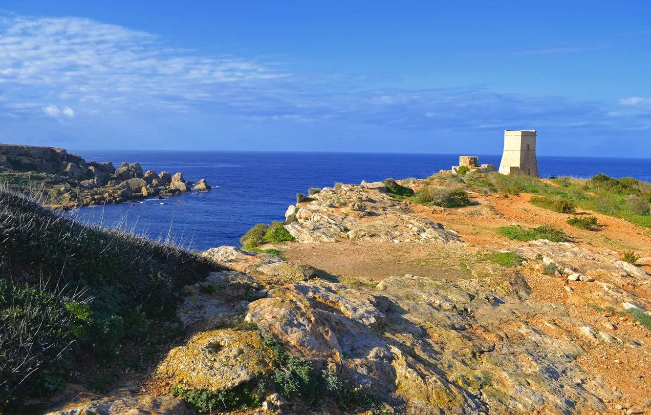 Photo wallpaper sea, the sky, clouds, rocks, tower, Bay, Malta