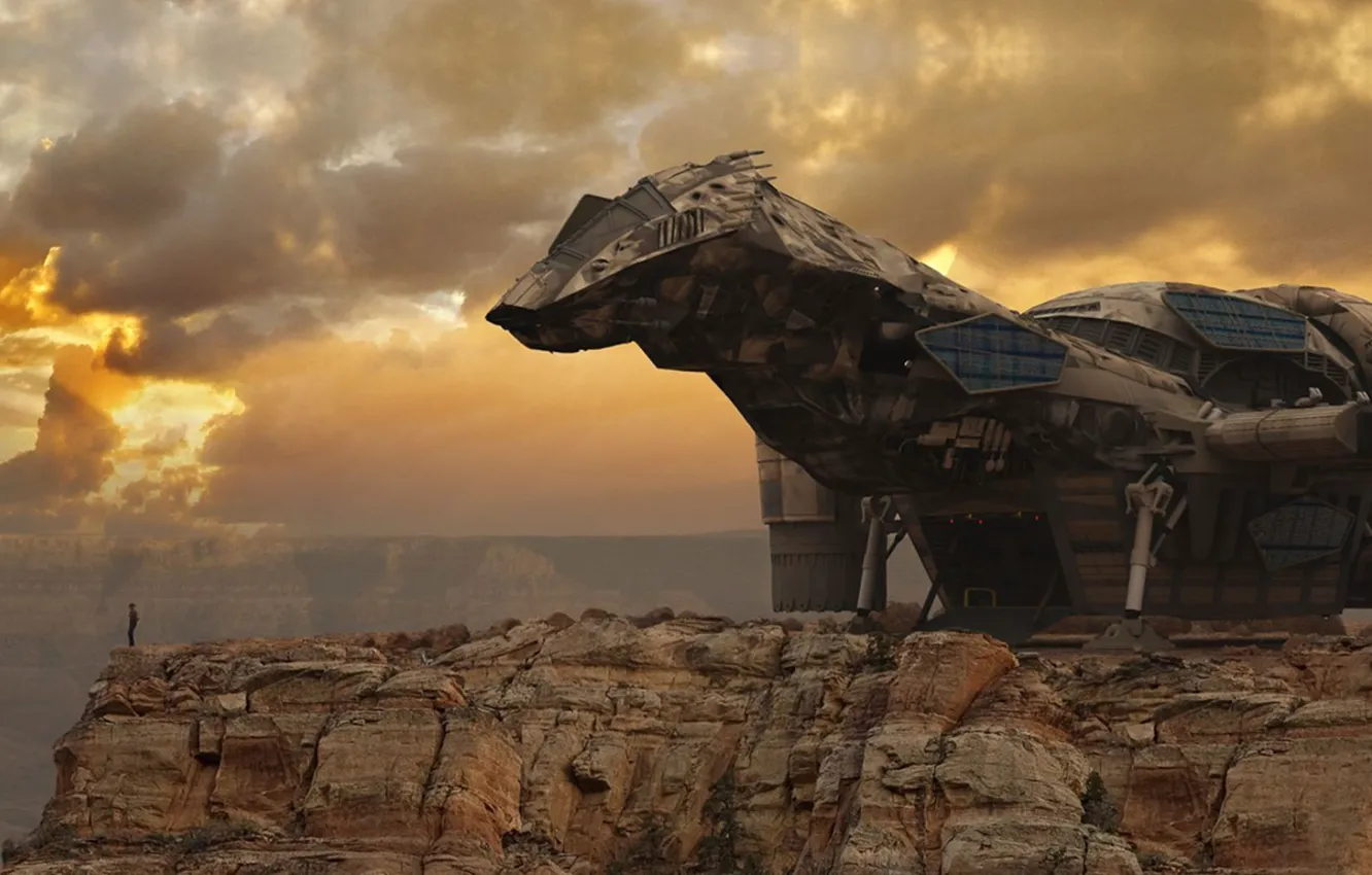 Photo wallpaper mountains, clouds, man, observationdeck