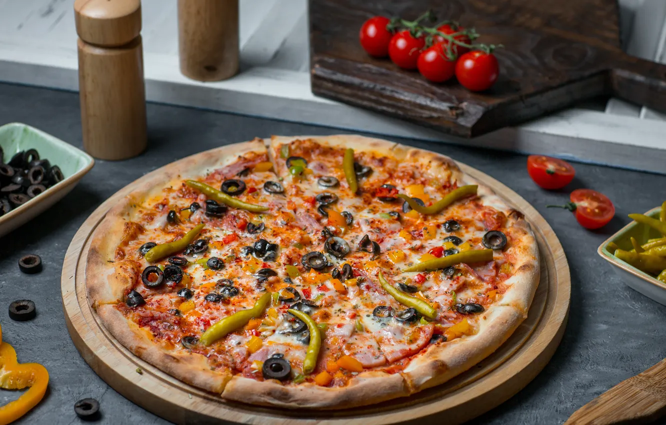Photo wallpaper cheese, pepper, pizza, cakes, pizza, olives, the dough, Jalapenos
