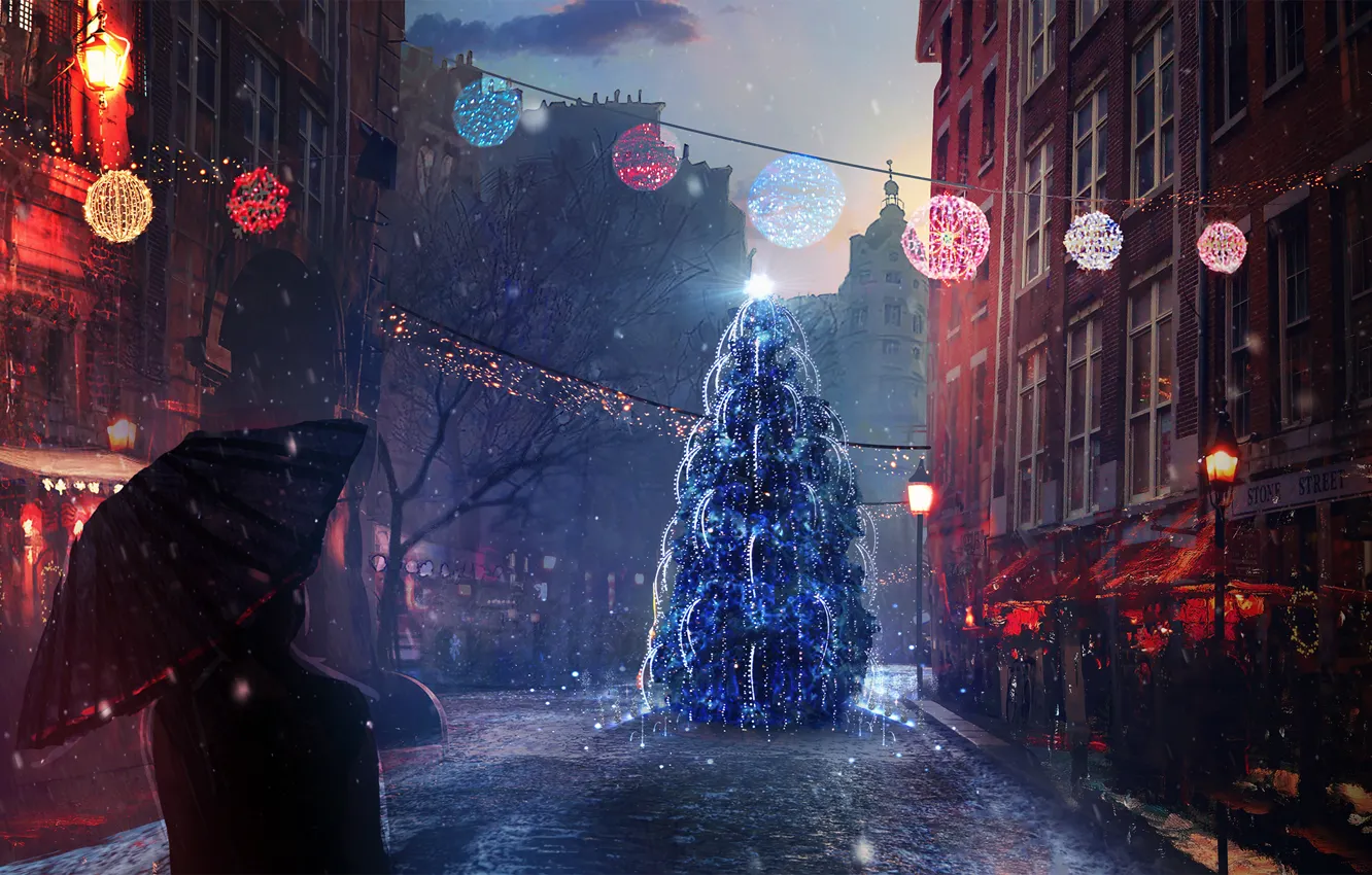 Photo wallpaper snow, mood, holiday, street, people, tree, new year, Christmas