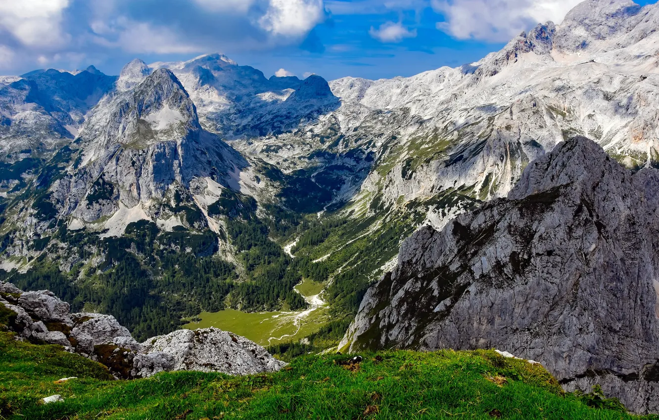Photo wallpaper the sky, clouds, trees, mountains, nature, rocks, Slovenia