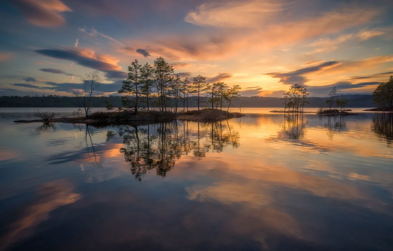 Photo wallpaper the sky, water, trees, sunset, lake, reflection, Norway, island