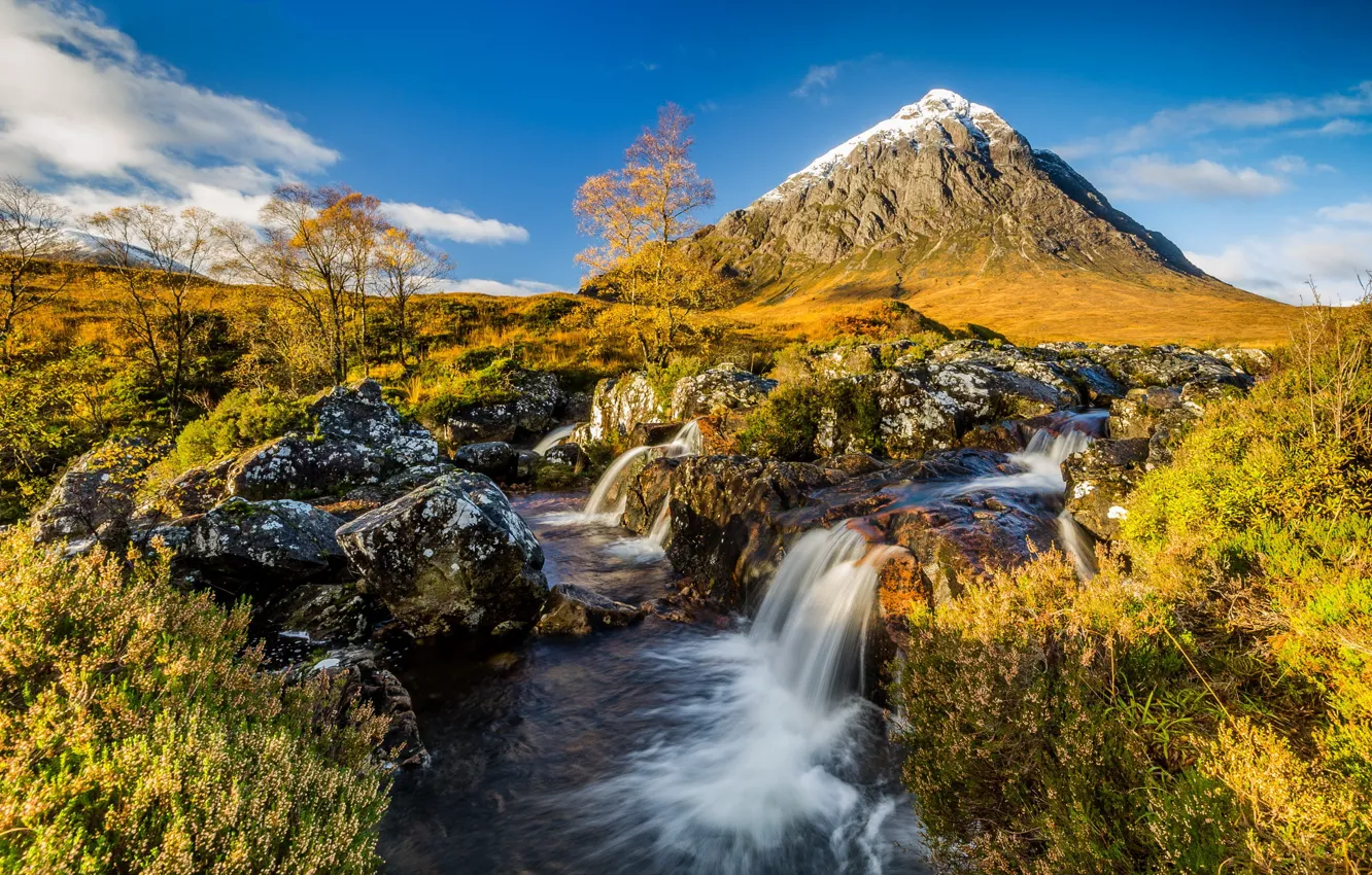 Photo wallpaper autumn, mountains, river, stream, morning, Scotland