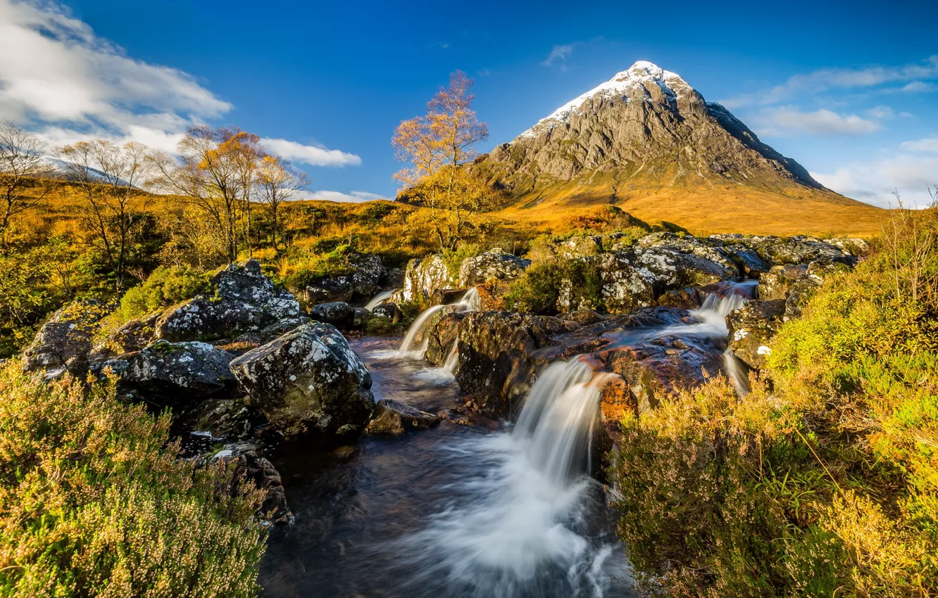Photo wallpaper autumn, river, mountain, stream, morning, Scotland