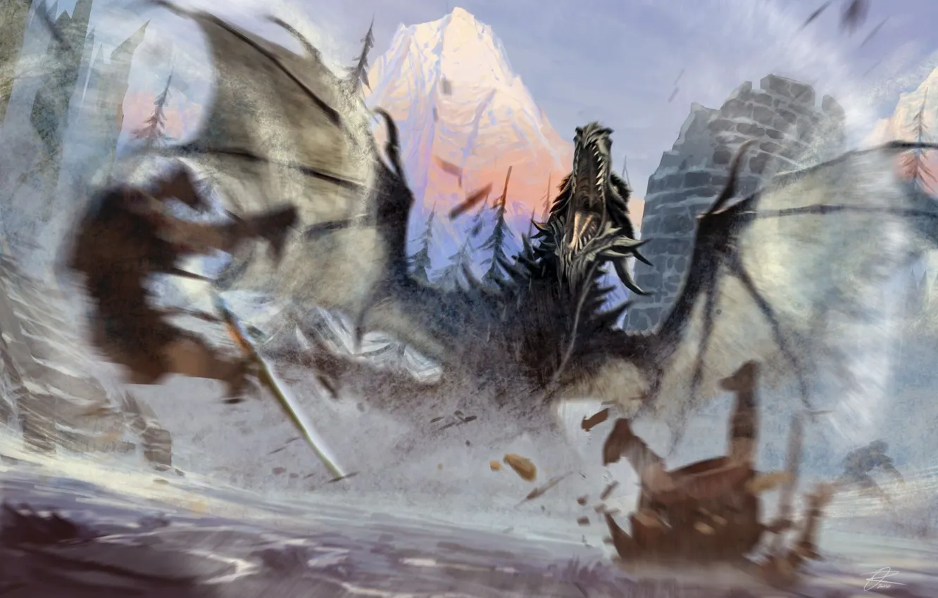 Photo wallpaper dragon, tower, flies, Skyrim