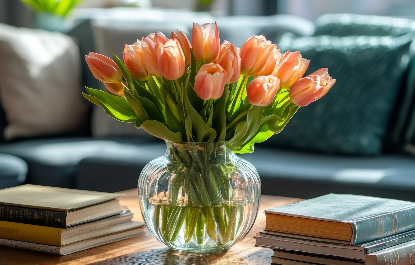 Photo wallpaper glass, light, flowers, orange, table, room, sofa, interior