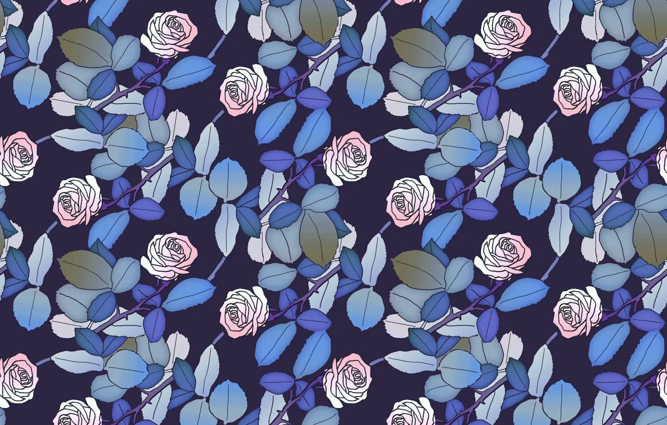 Photo wallpaper leaves, flowers, blue, background, pink, pattern, roses, buds
