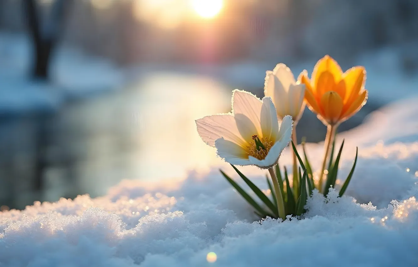 Photo wallpaper winter, snow, flowers, spring, crocuses, flowers, winter, snow