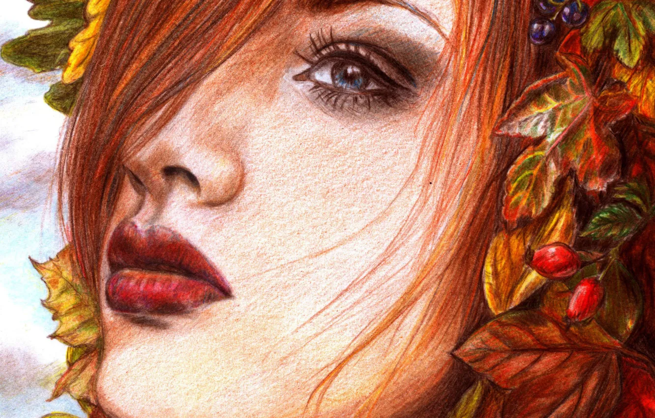 Photo wallpaper look, leaves, girl, face, berries, hair, makeup, painting