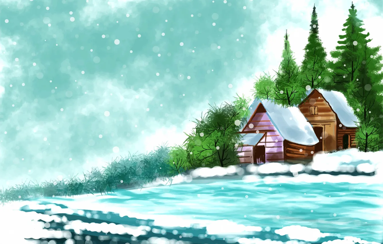 Photo wallpaper winter, forest, the sky, snow, trees, river, shore, figure