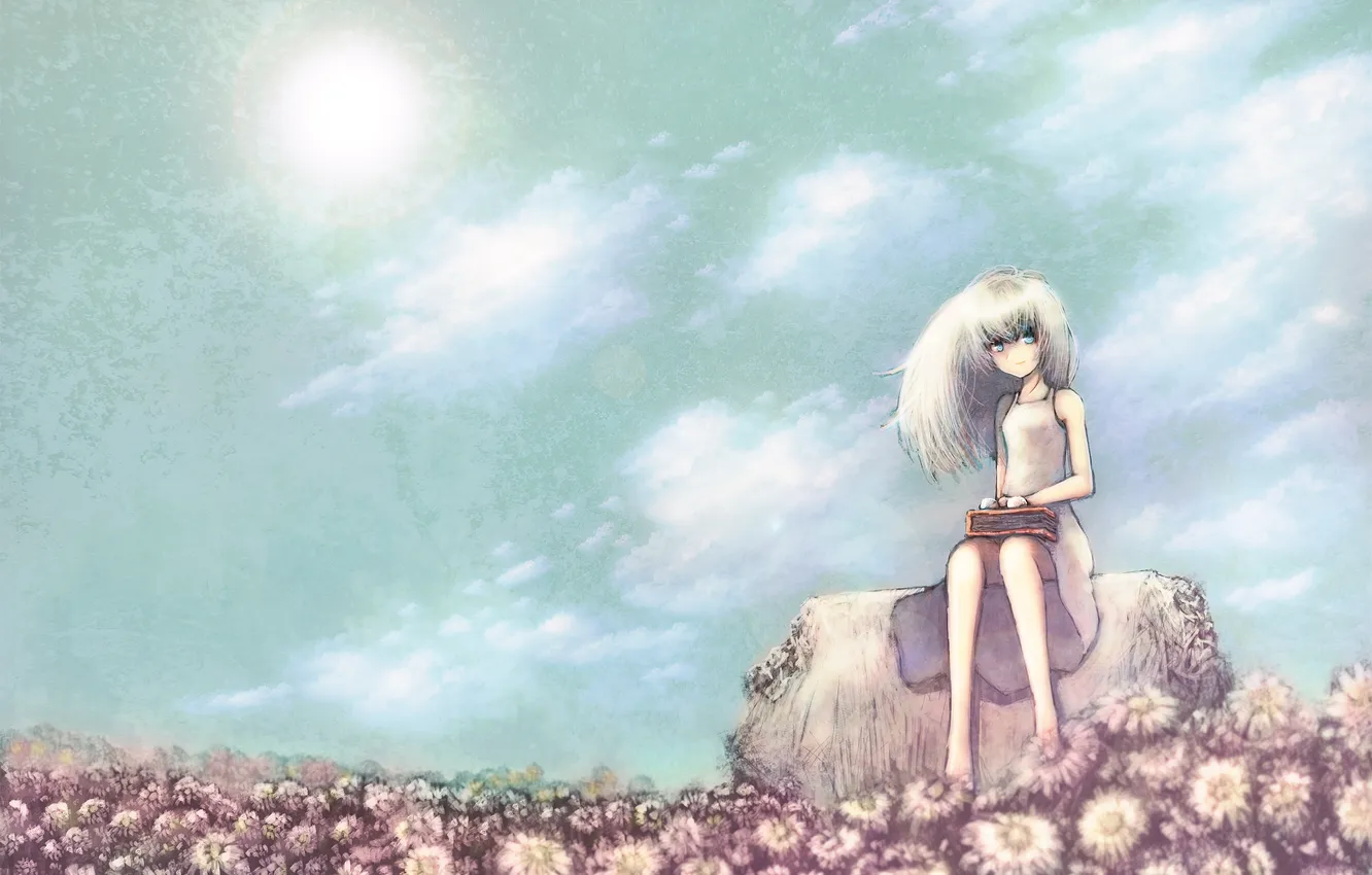 Photo wallpaper the sky, girl, the sun, clouds, flowers, mood, art