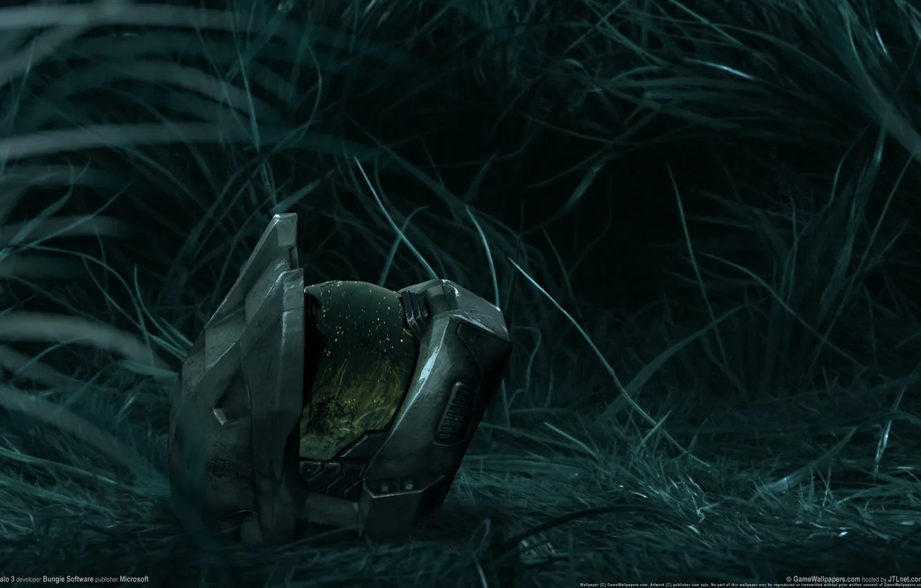 Photo wallpaper grass, night, reflection, helmet, Halo 3, the master chief