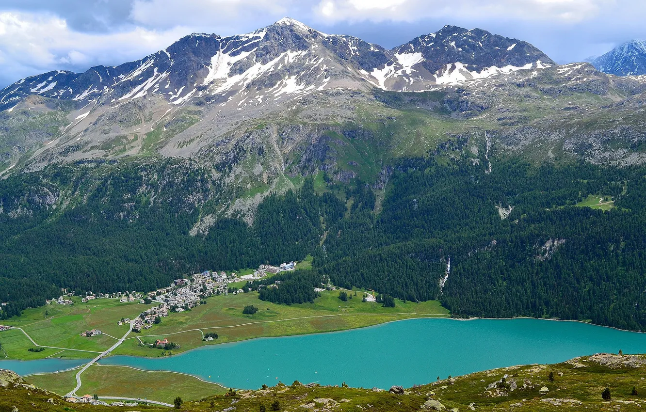 Photo wallpaper the sky, clouds, mountains, lake, home, valley, the village