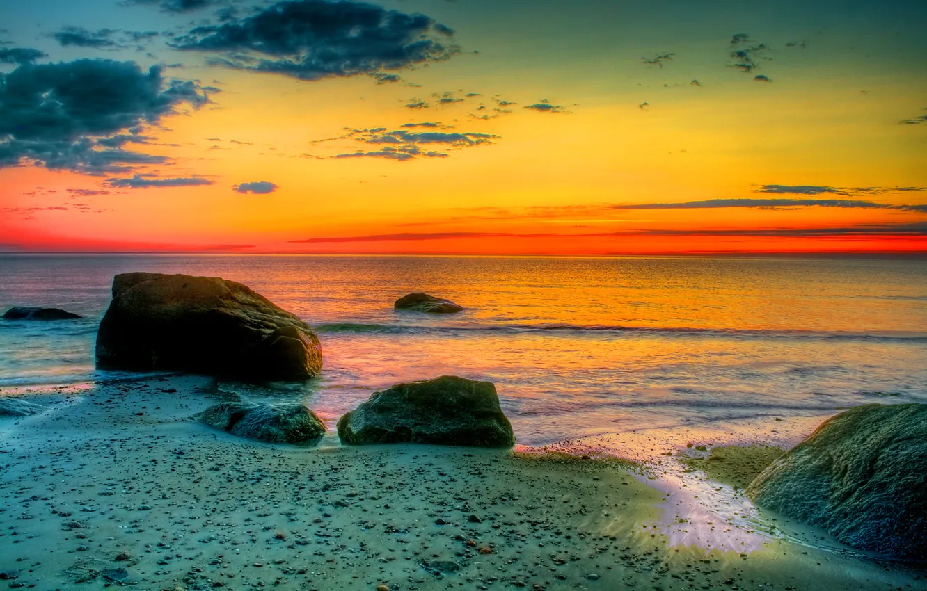 Photo wallpaper sea, the sky, clouds, stones, shore, HDR, glow