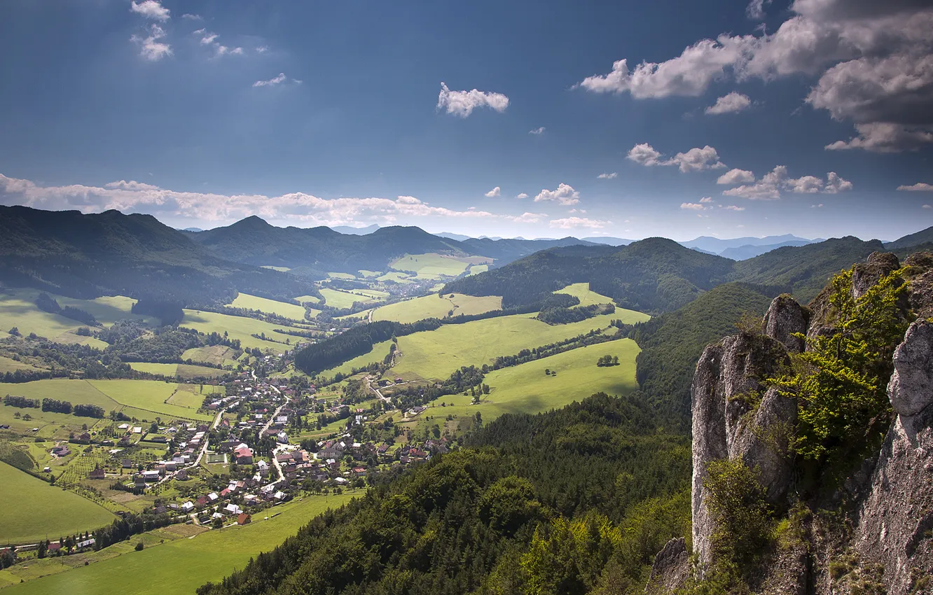 Photo wallpaper grass, landscape, mountains, stones