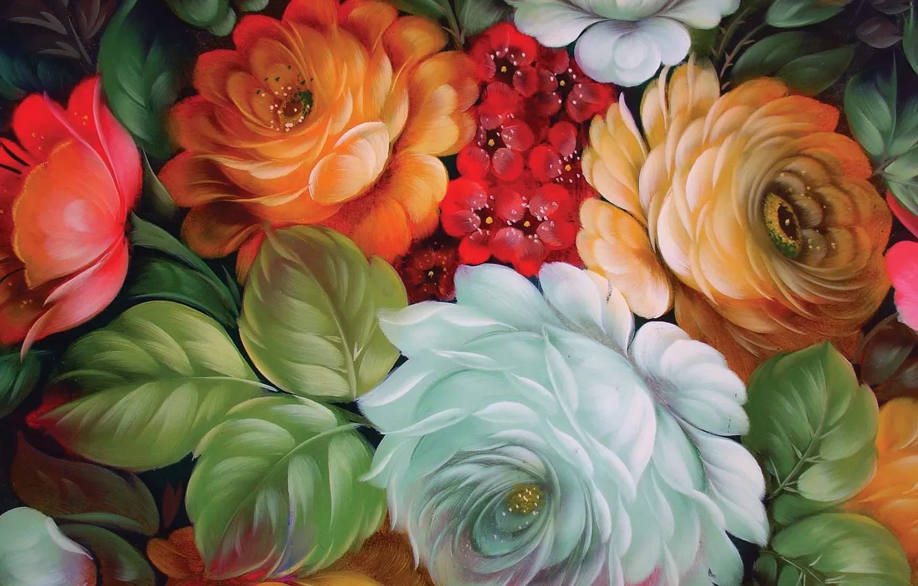 Photo wallpaper flowers, texture, creativity, Zhostovo painting