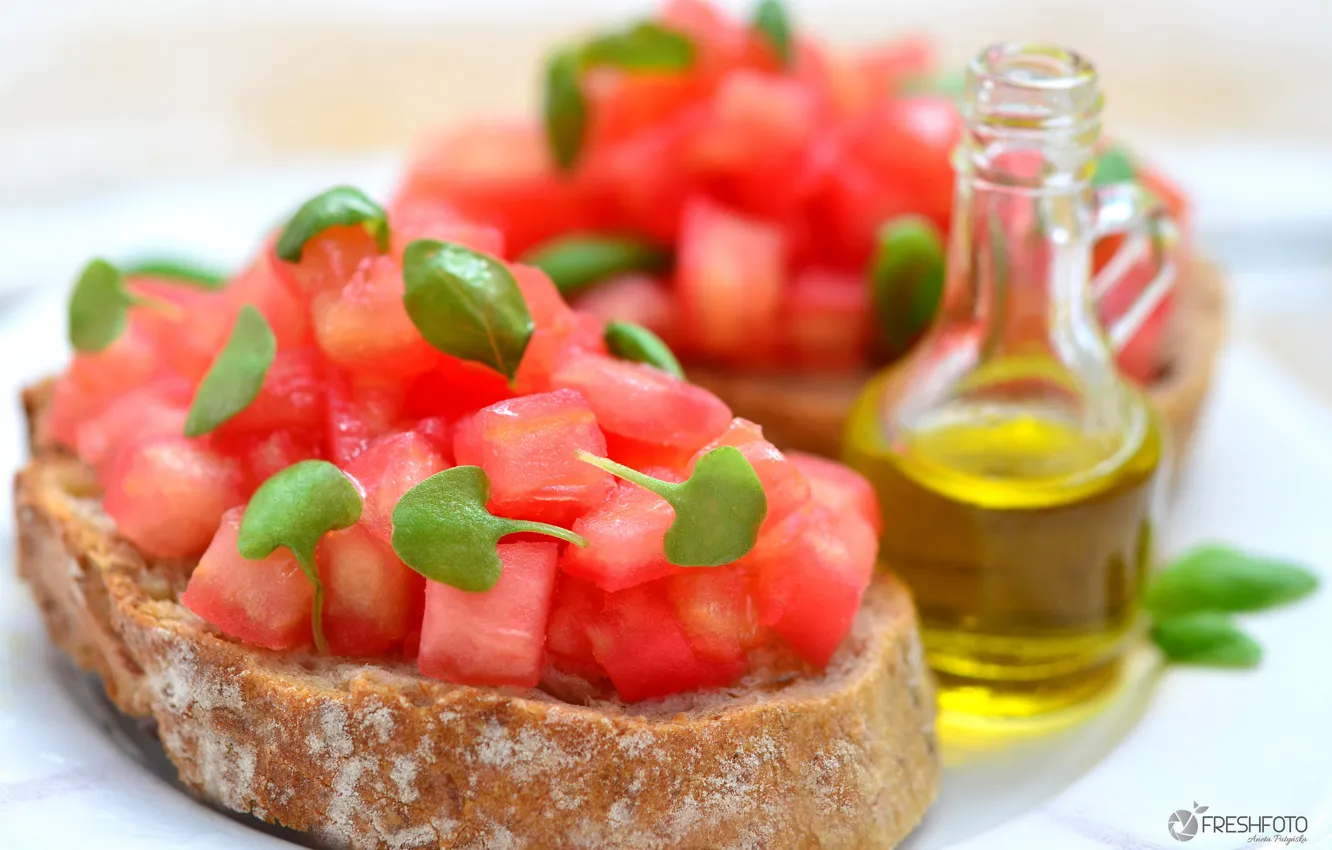 Photo wallpaper oil, tomatoes, sandwiches, bruschetta