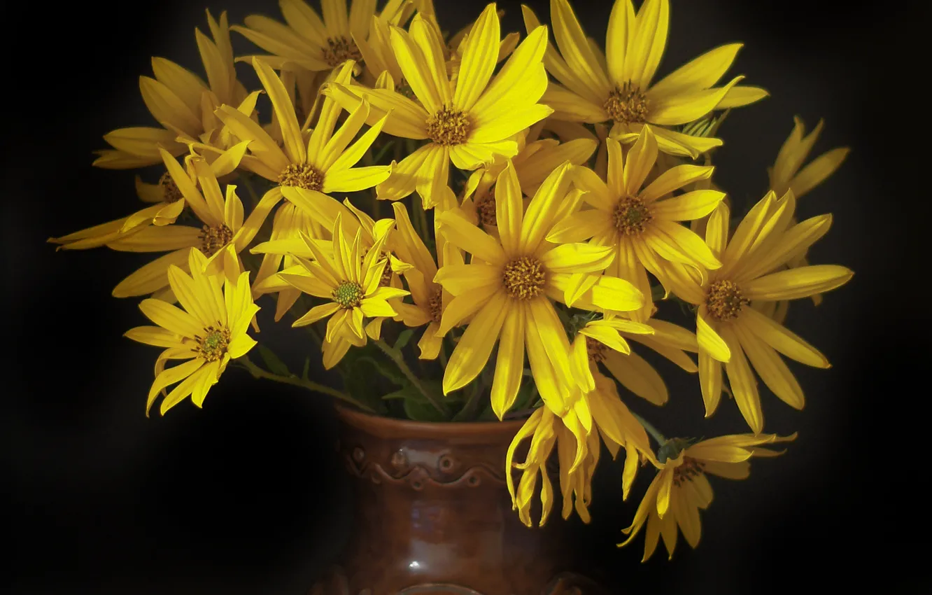 Photo wallpaper yellow, a bouquet of flowers, the dark background