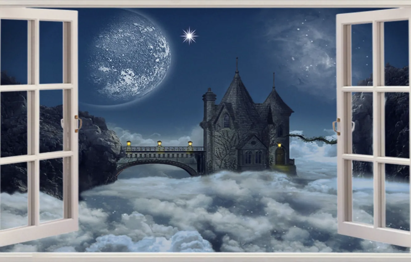 Photo wallpaper Fantasy, Clouds, Castle, Window, Heavens