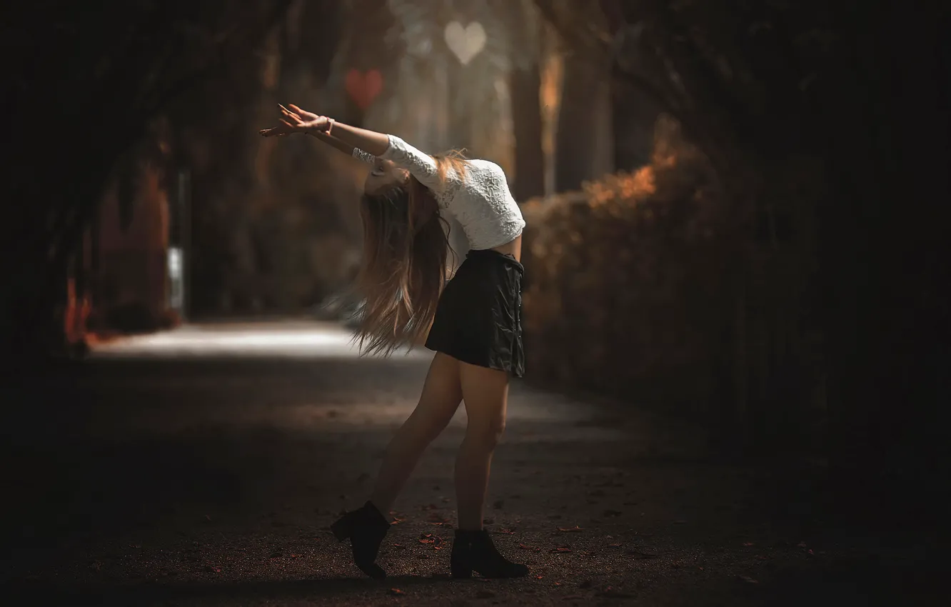 Photo wallpaper autumn, girl, joy, skirt, legs, alley