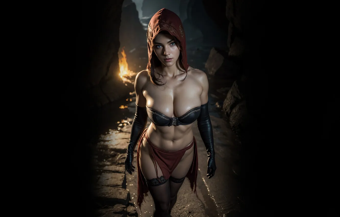 Photo wallpaper look, girl, cave