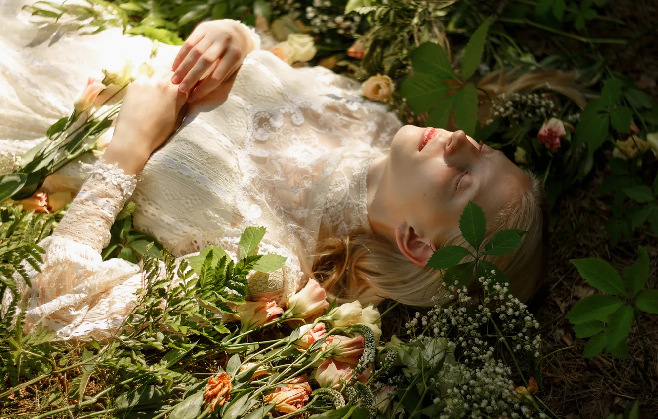 Photo wallpaper leaves, girl, flowers, branches, nature, pose, style, sleep