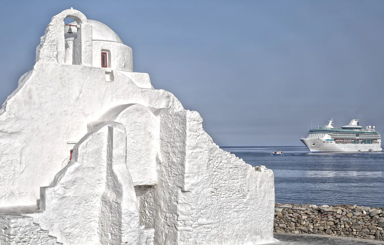 Photo wallpaper sea, the sky, ship, Greece, Church, liner, Mykonos island