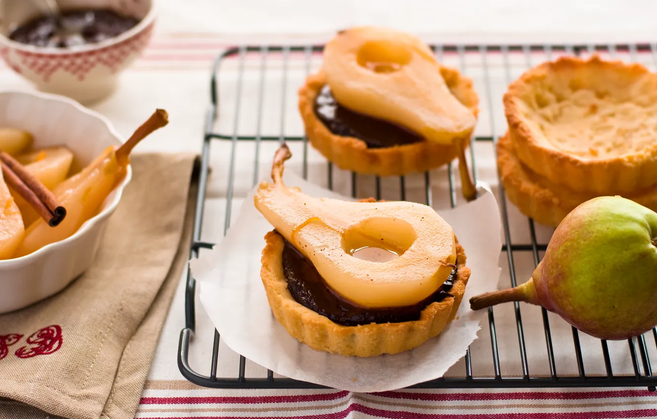 Photo wallpaper chocolate, cinnamon, pear, dessert, sweet, tartlets, Anna Verdina, the pan