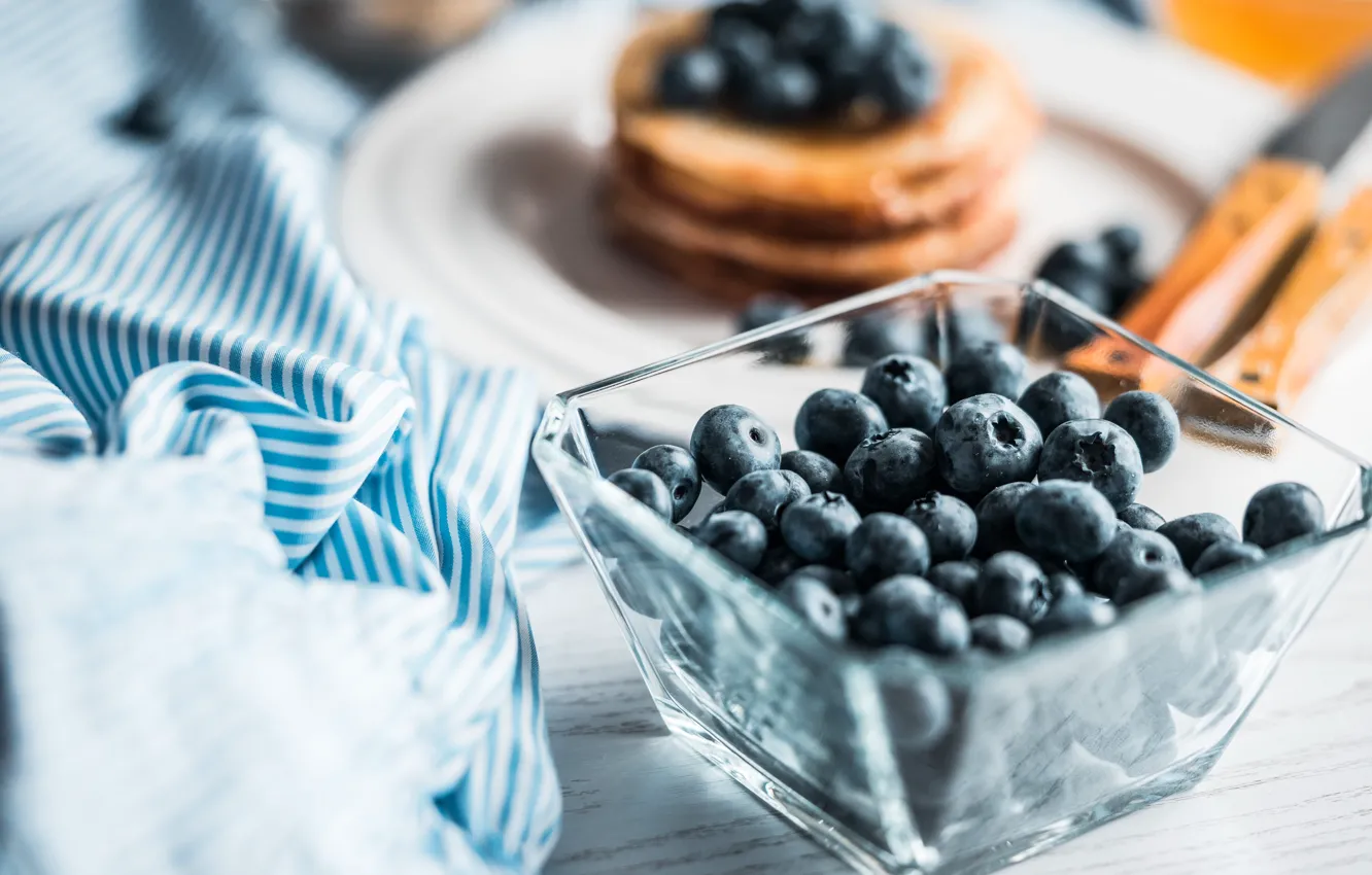 Photo wallpaper glass, berries, table, Board, towel, blueberries, knife, bowl