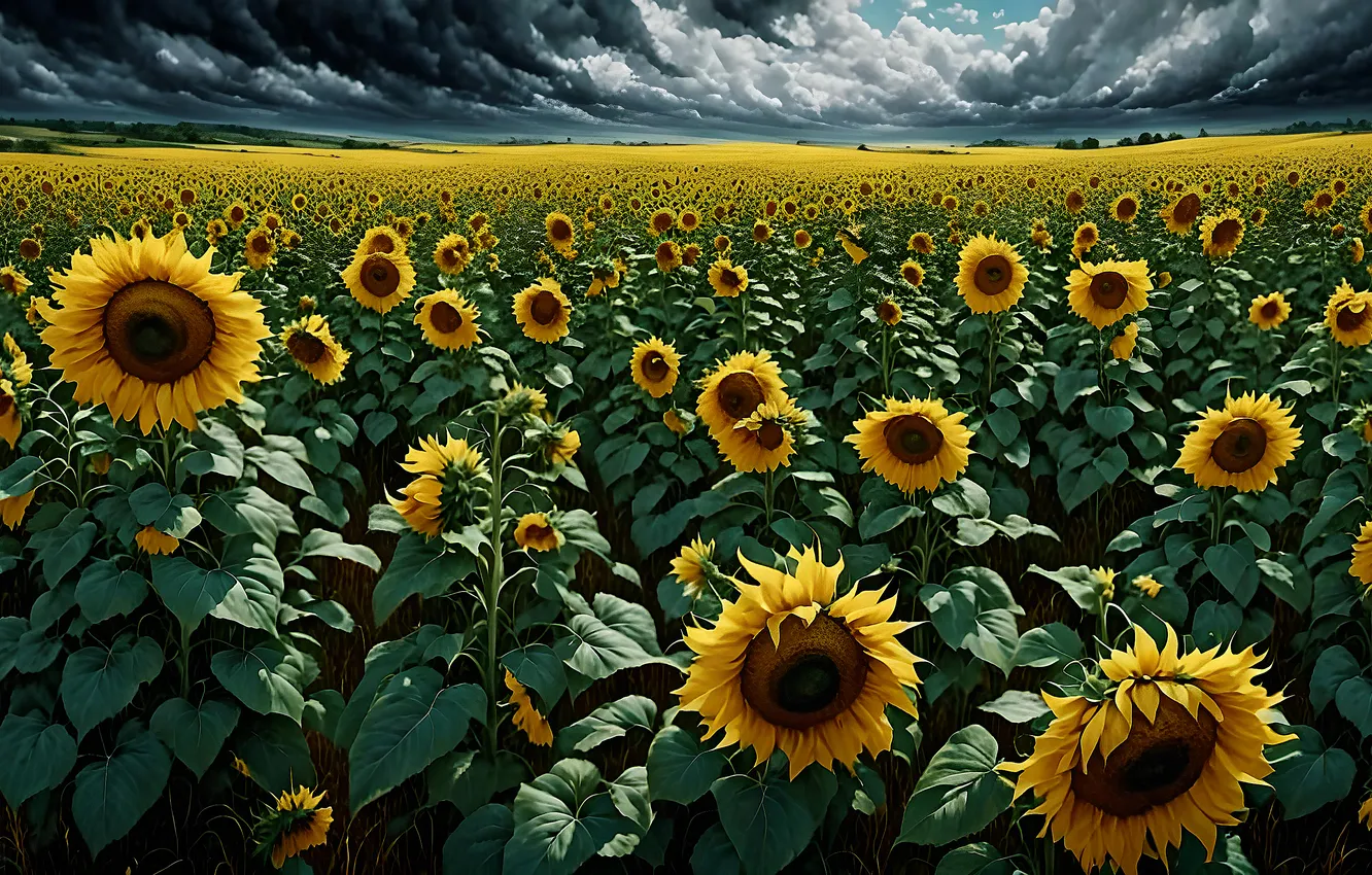 Photo wallpaper field, summer, the sky, leaves, sunflowers, landscape, flowers, yellow