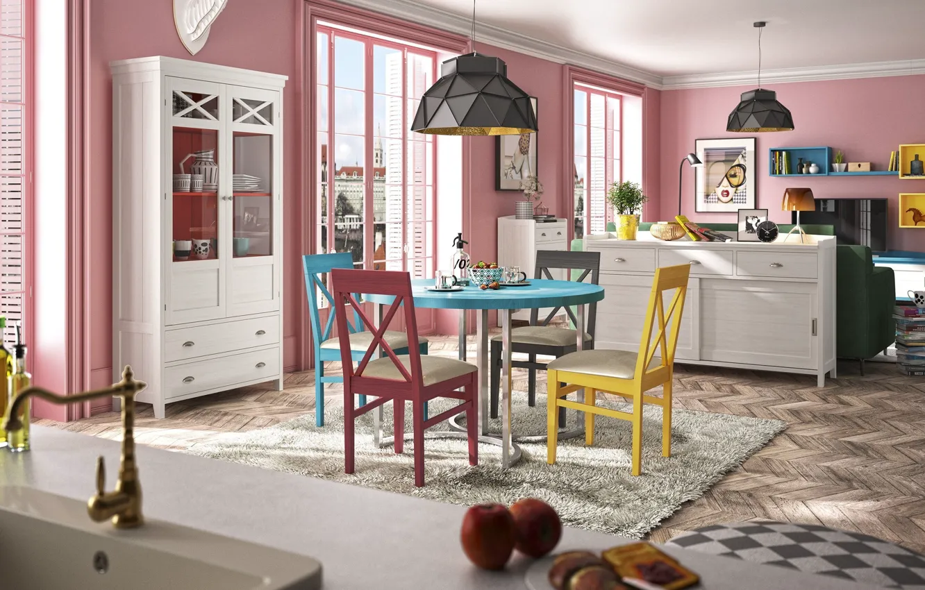 Photo wallpaper design, style, interior, kitchen, living room, dining room, The combination of colors