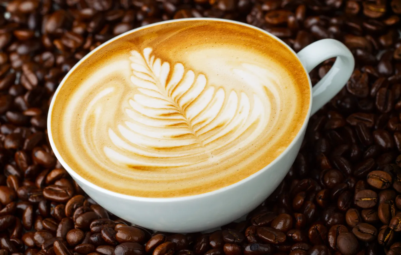 Photo wallpaper pattern, figure, mug, cappuccino, coffee beans, saucer, foam