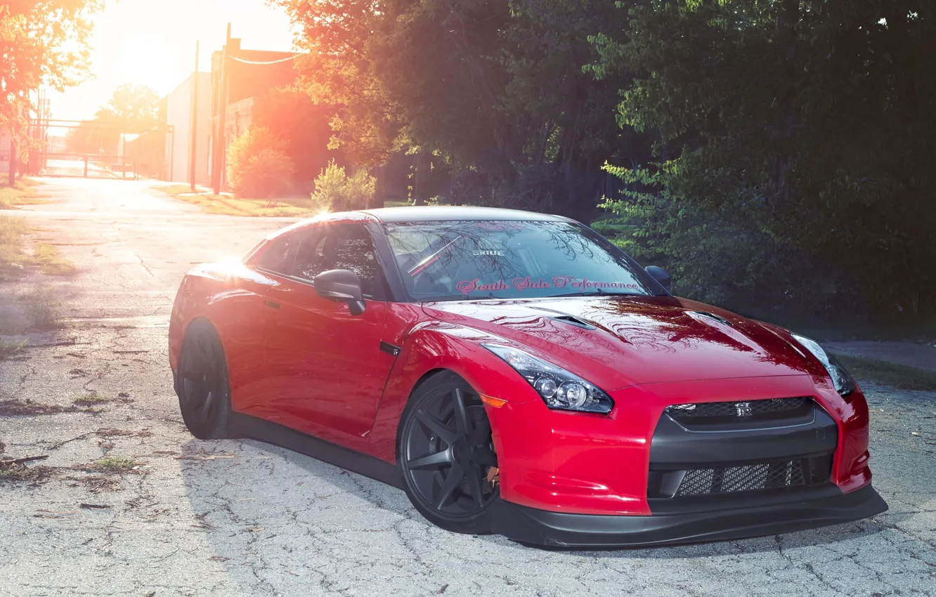 Photo wallpaper trees, sunset, red, the evening, nissan, red, Nissan, gtr
