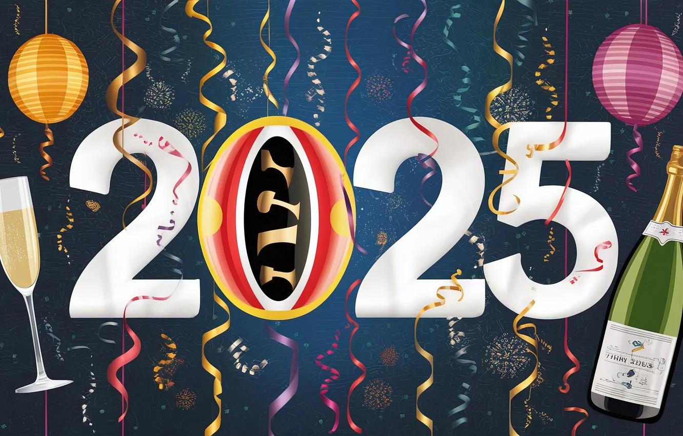 Photo wallpaper new year, tinsel, champagne, date, digital art, 2025, AI art, The Art of Artificial Intelligence