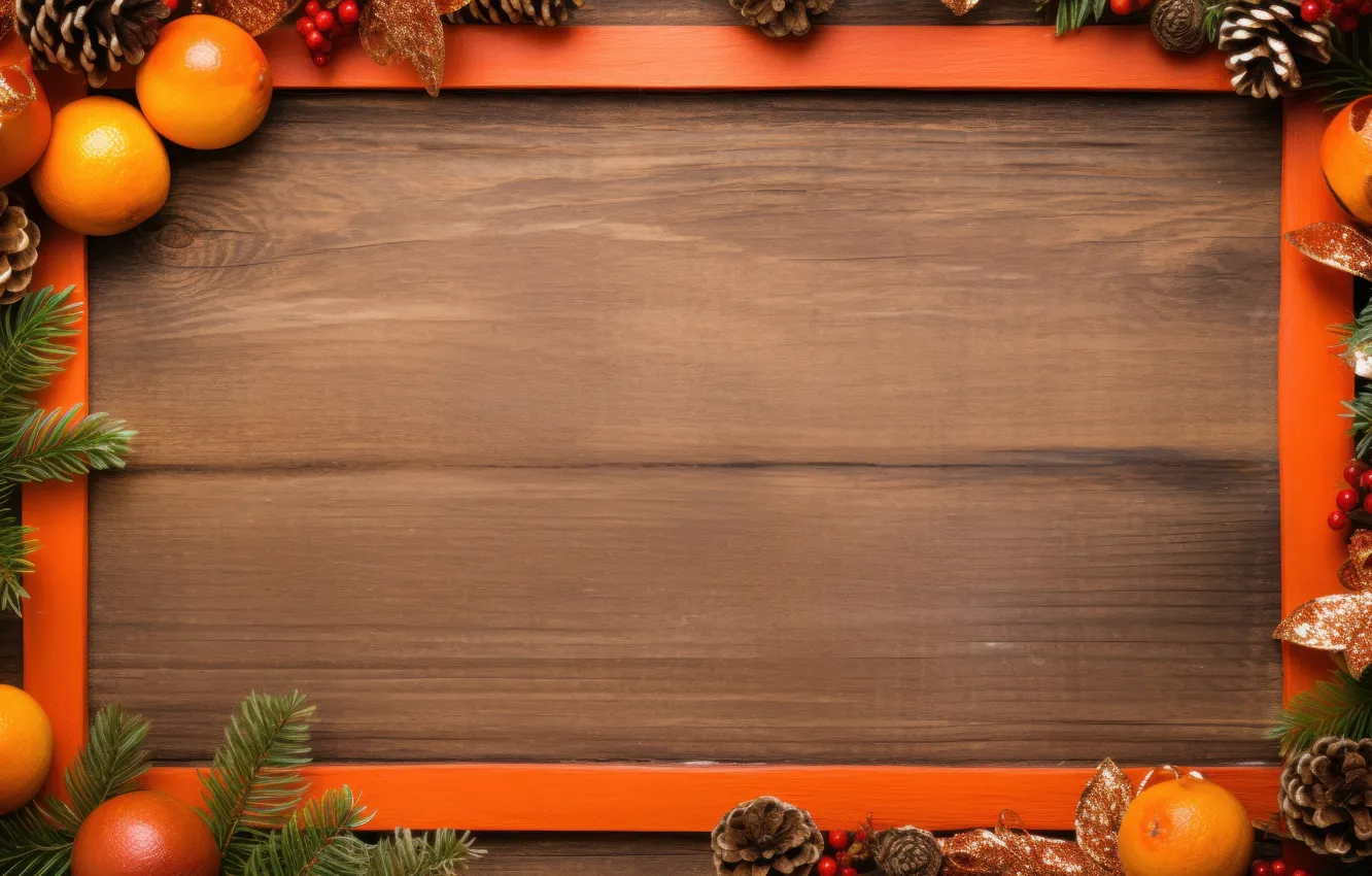 Photo wallpaper branches, Board, oranges, frame, Christmas, New year, needles, bumps