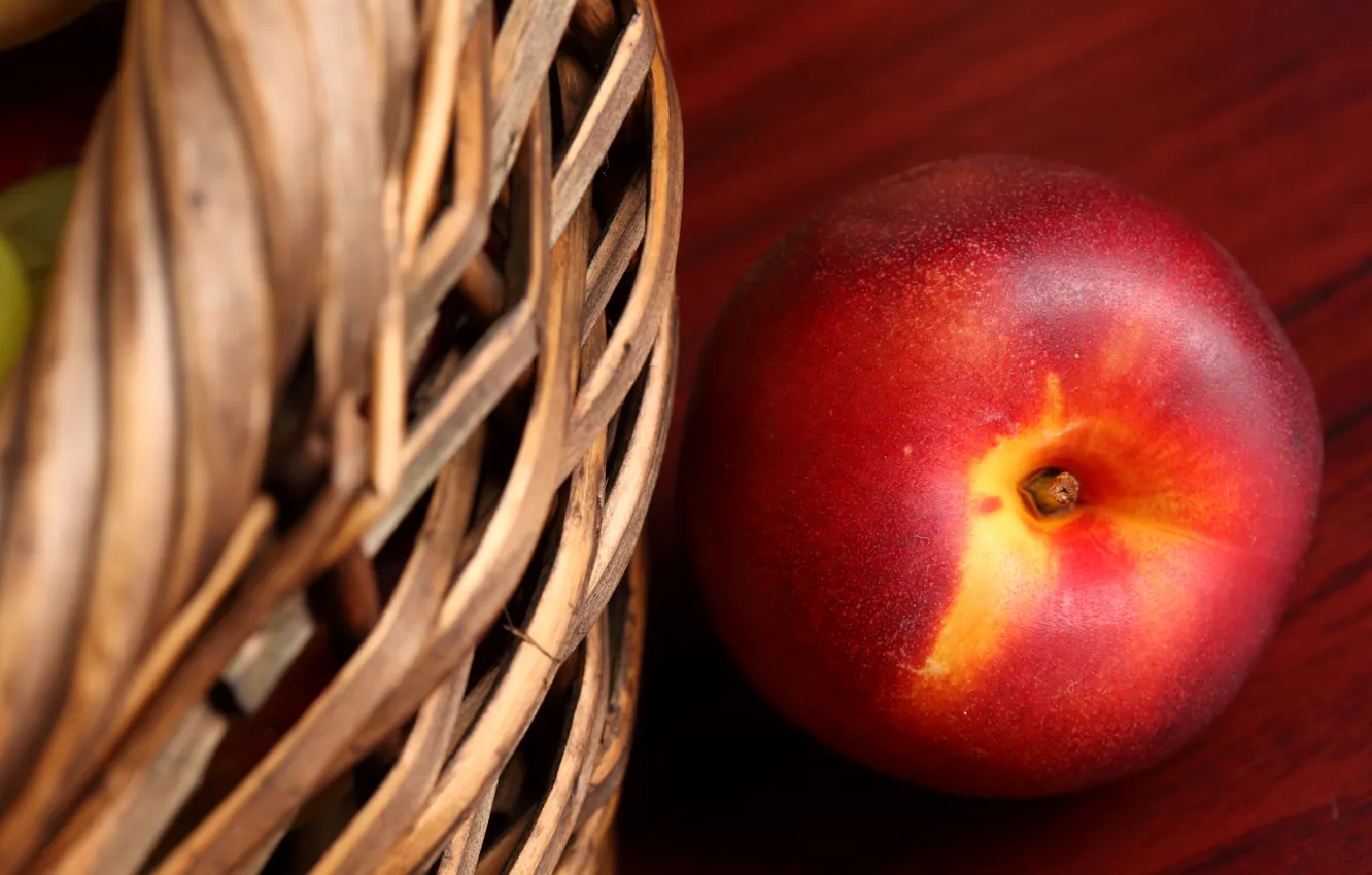 Photo wallpaper macro, table, basket, fruit, peach, nectarine