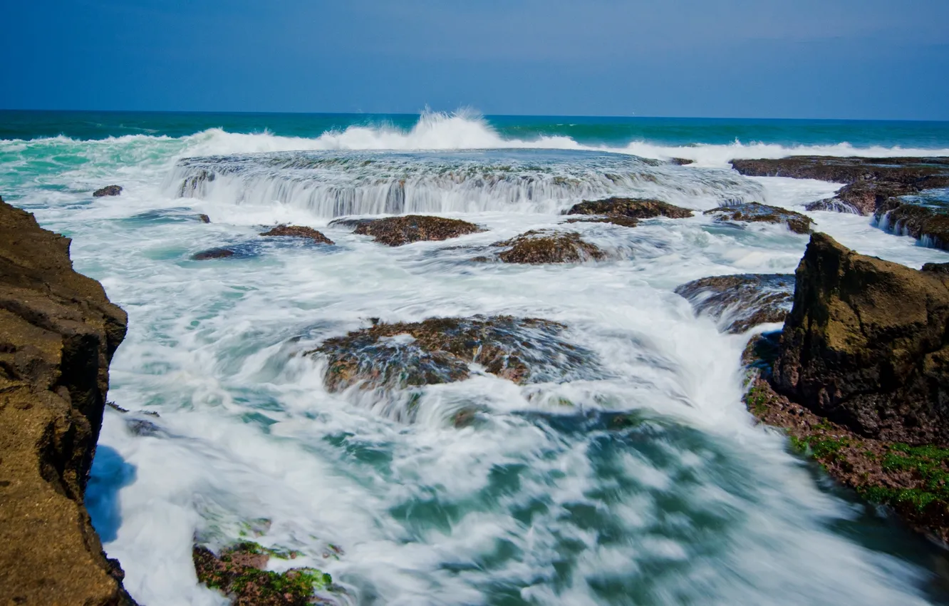 Photo wallpaper stones, coast, Indonesia, surf, The Indian ocean, Java, Indonesia, Indian Ocean